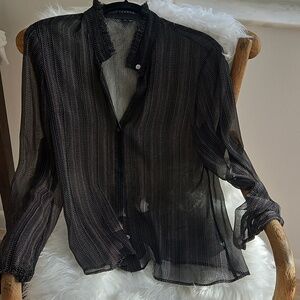 Sheer Theory Blouse With Ruched Sleeve And Ruffled Collar